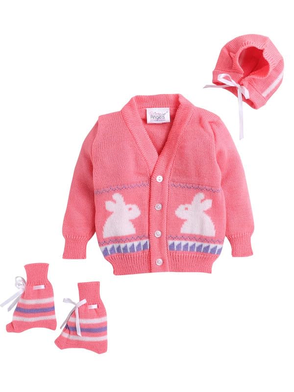 Little Angels Baby Sweater Set 3 Pcs Woollen Full Sleeves VNeck Jacquard Rabbit Design for Baby Girls 6 to 12 Months (Neon Pi