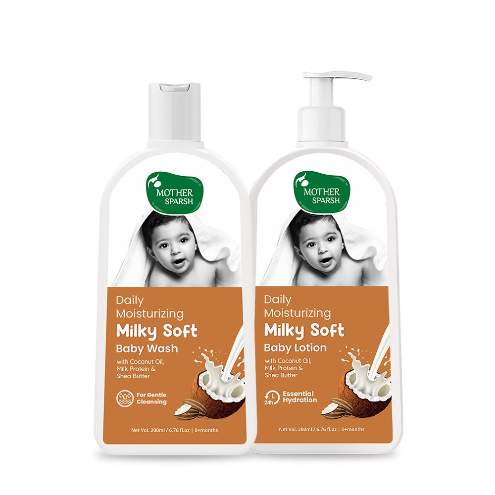 Mother Sparsh Milky Baby Lotion (200Ml) & Milky Baby Wash (200Ml) For Daily Moisturizing | With Milk Protein & Coconut Oil