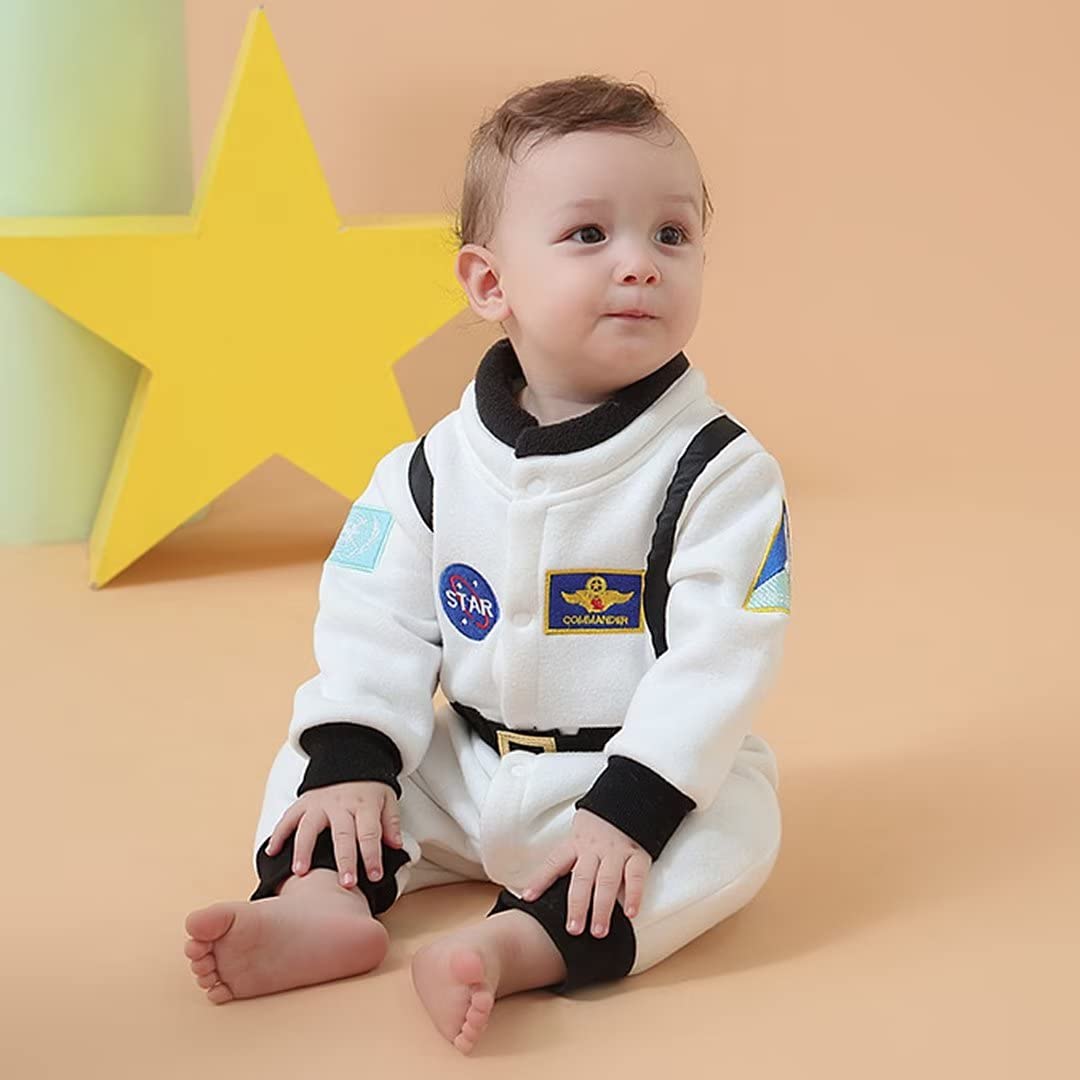 Ollull Baby Astronaut Costumes, Unisex Toddler Space Suit, Halloween Dress Up Romper Pilot Costume(White,12-18 Months)