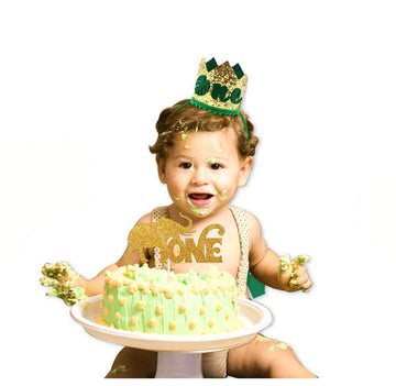 Ullovit First 1St Birthday Crown For Baby Boys Prince, Sparkle Gold Green Wild One Birthday Hat Headband Cake Smash Photo Decora