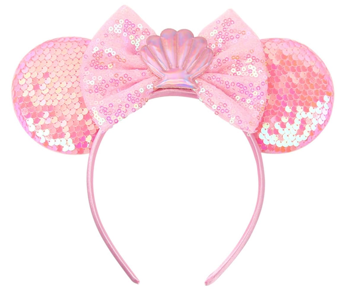 LIFETOOLS-LT Pink Mermaid Ears Headbands With Sparkling Sequins & Shell & Bow, for Girls Women Disneyland Cosplay Glitter Party