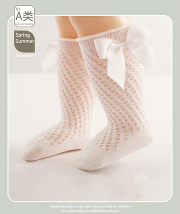 Qandsweet Baby Girl Knee-High Socks Toddlers Bow Stockings Newborn Infant Sock (0-12 Months,Hollow-5 Pairs)