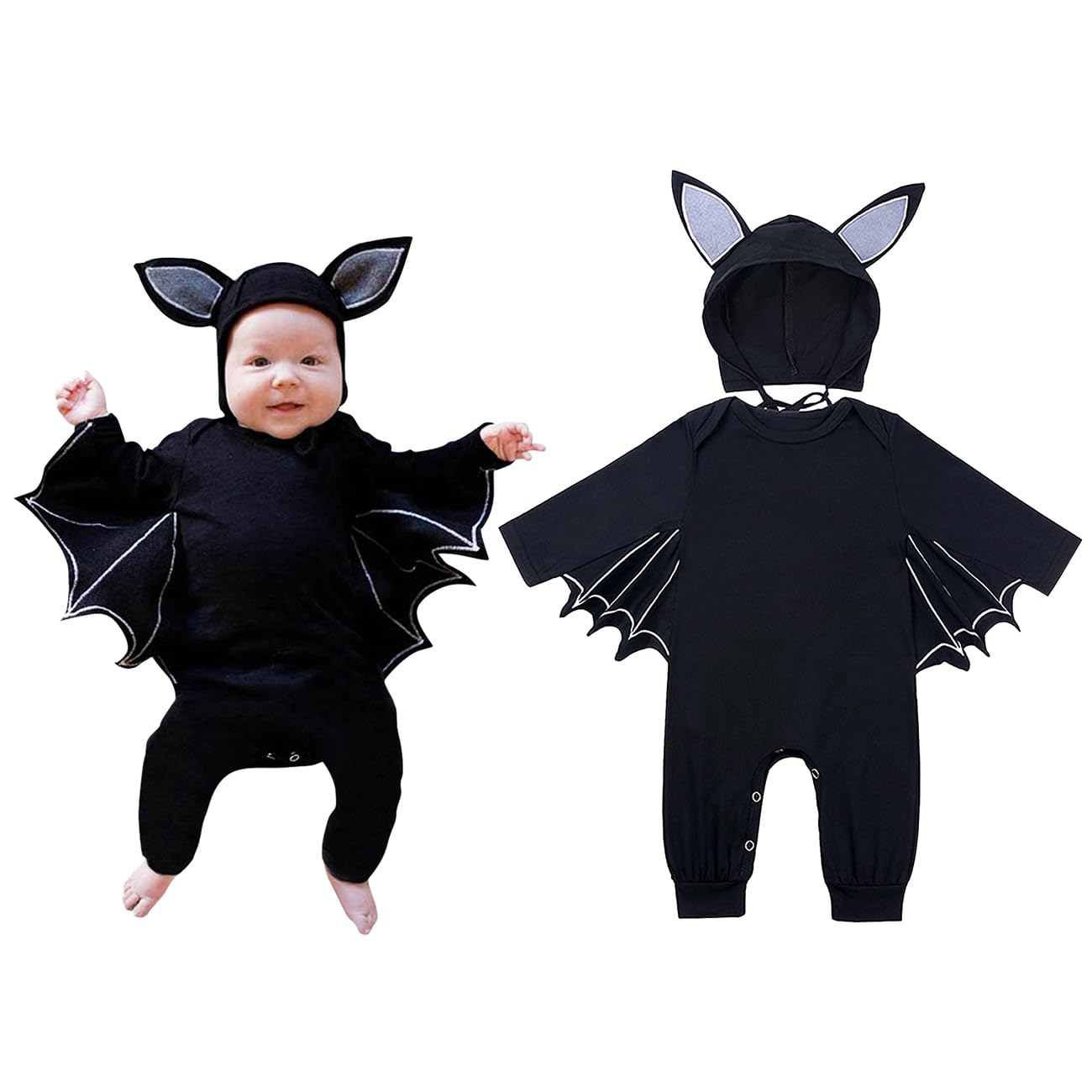 Fancyinn Infant Baby Black Bat Costumes Cloak Romper With Big Ear Hat Halloween Bat Outfits 2Pcs 6-12 Months 80