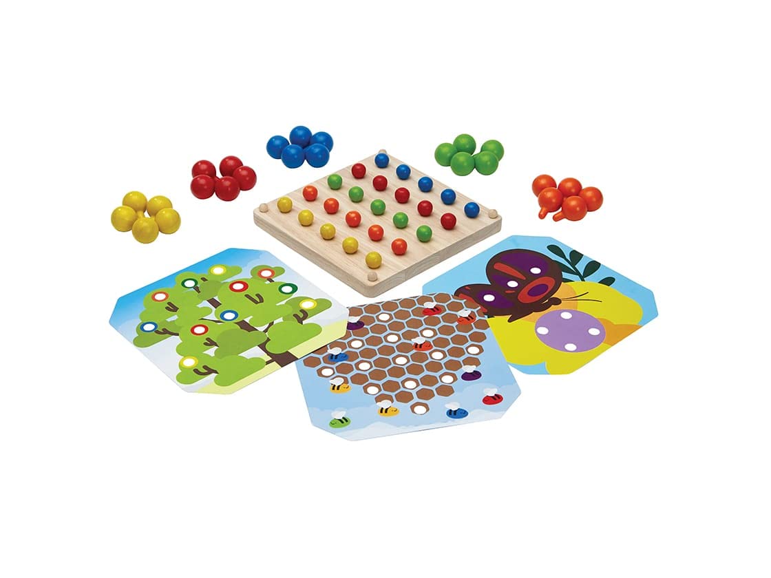 PlanToys Creative Wooden Peg Board With 3 Double Sided Cards (5399) | Sustainably Made from Rubberwood and Non-Toxic Paints and