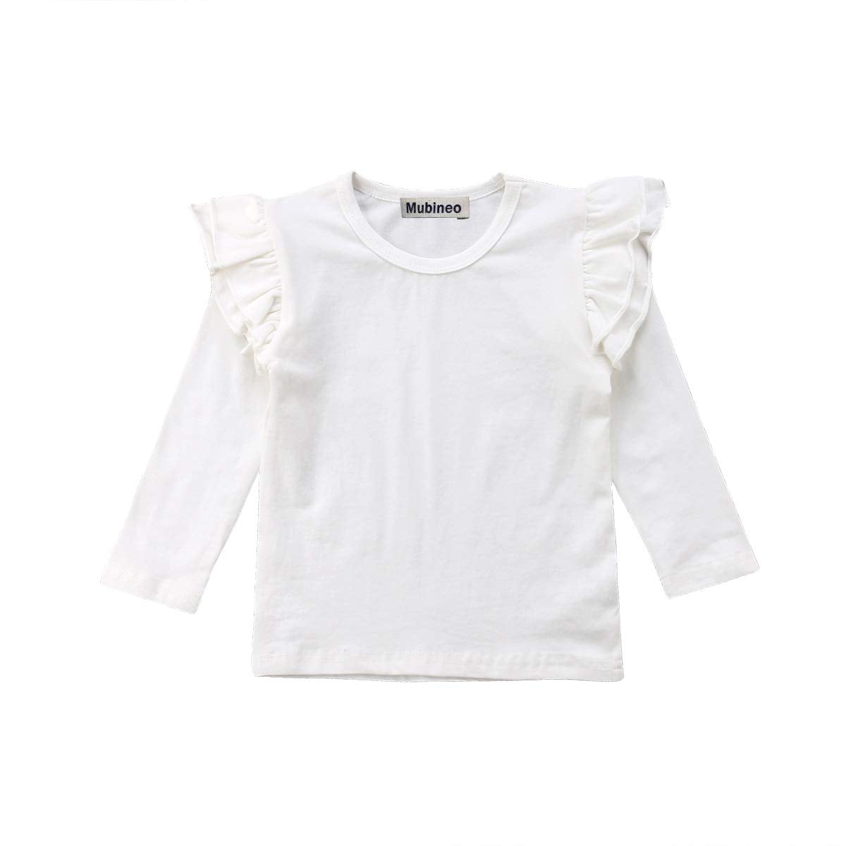 Mubineo Toddler Baby Girl Basic Plain Ruffle Sleeve Cotton T Shirts Tops Tee Clothes (White(Long Sleeve), 1-2T)