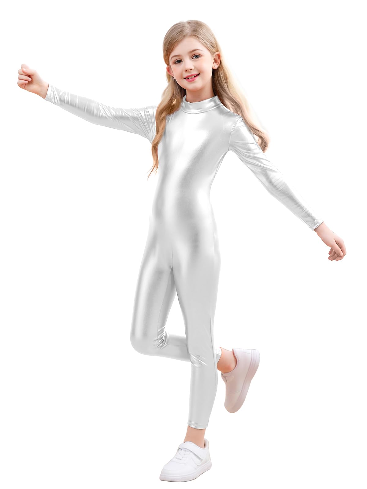 Genfirdom Girls Shiny Metallic Unitard Long Sleeve Leotard Turtleneck Kids Bodysuit For Costume Dance 312 Years(Silver78