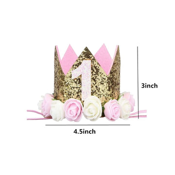 Sparkle 1St Baby Crown Headband Hat, Glitter First Birthday Flowers Crown For Princess Girl Baby Show Toddler Photography (Pink