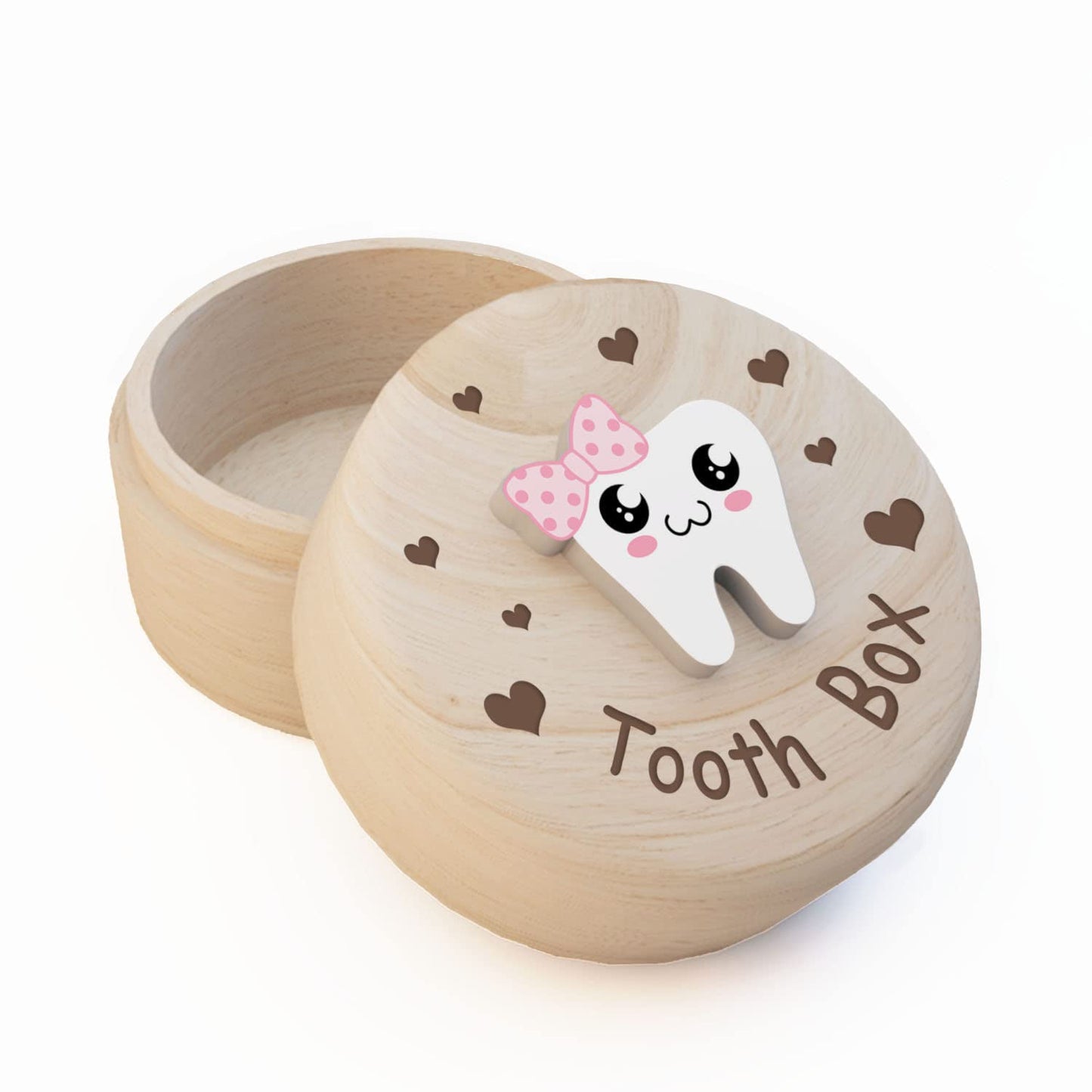 Azbuk Tooth Box for Girls, Heart Carved Wooden Box with 3D Tooth, Stores Lost Teeth for Kids, Easy to Carry, Souvenir Dropped To