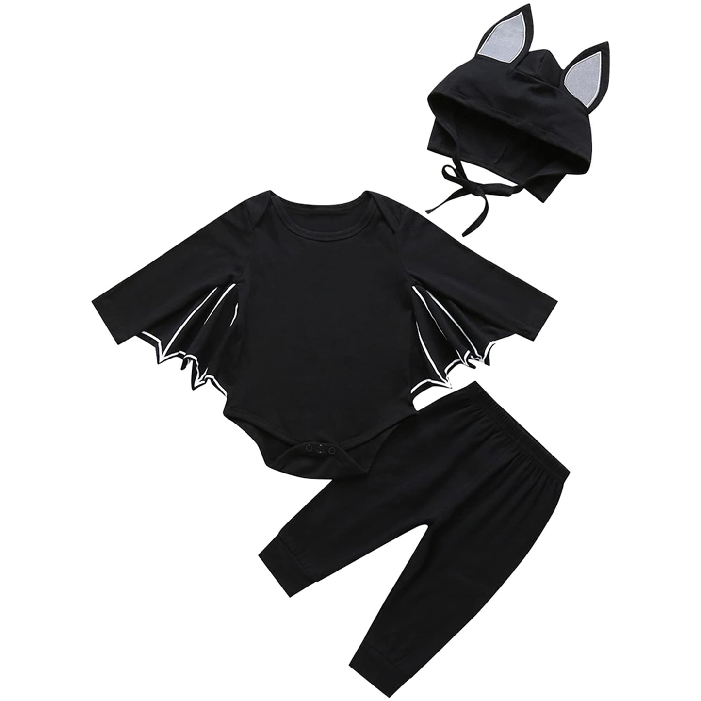 Fancyinn Infant Baby Black Bat Costumes Cloak Romper With Cartoon Bat Hat Halloween Bat Romper & Pants & Hat 3Pcs 90 12-18 Month