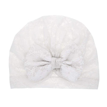 Lace Bow Headband Turban For Baby Girls Lace Beanie Cap Baby Lace Bowknot Hat Jbc18 (2 Pcs-White)