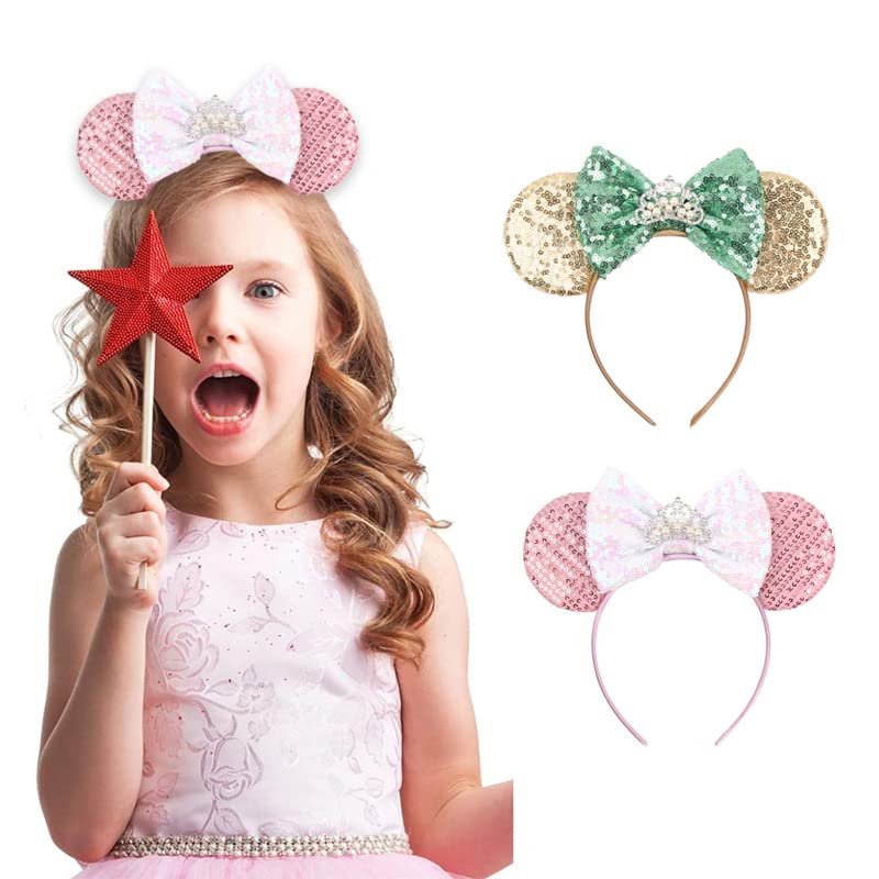 Foeran Mouse Ears Headbands Shiny Bows Mouse Ears Glitter Party Princess Decoration Cosplay Costume For Girls Women (Pearl Crown