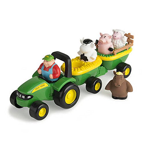 TOMY John Deere Animal Sounds Hayride Musical Tractor Toy - Musical Hayride and Farm Animal Toddler Toys - Includes Farmer Figur