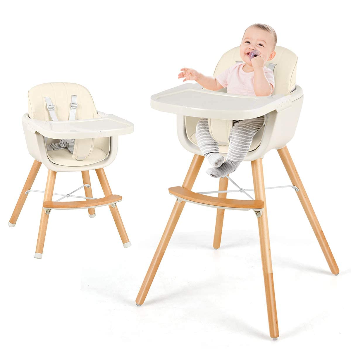 Honey Joy High Chair, 3-In-1 Eat & Grow Wooden Highchair/Booster Seat/Toddler Chair With Removable Tray, 5-Point Harness, Pu Cus