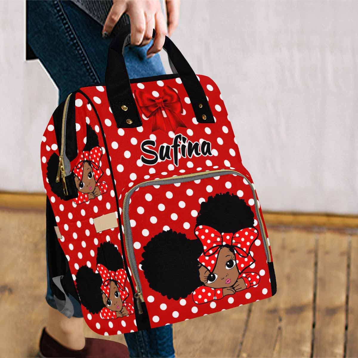Artsadd Customized Diaper Backpack With Thermal Pockets, Red Bow Tie Dots Travel Back Pack Nappy Bag Personalized Baby Bags With