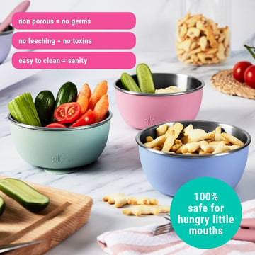 Elk And Friends Stainless Steel Bowls With Silicone Sleeve For Babies & Toddlers | Lids Included | Stay Put Suction | Cereal & S