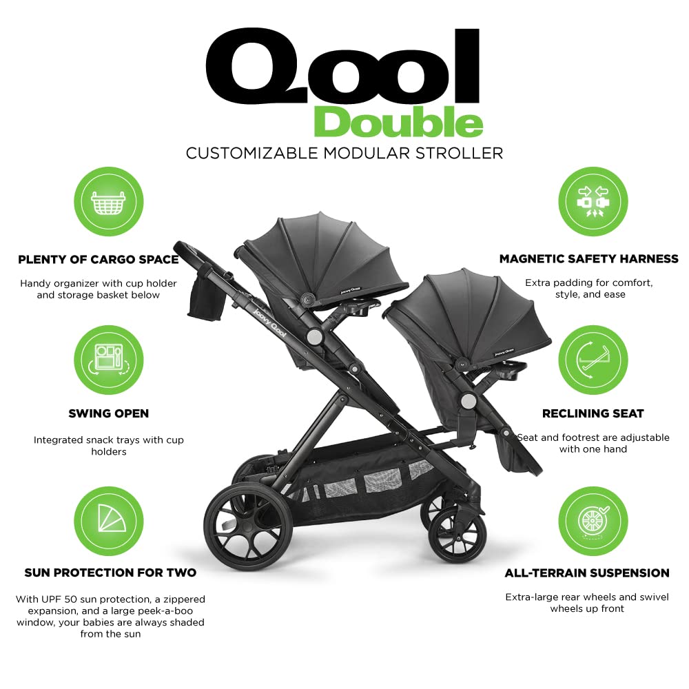 Joovy Qool Double Bundle Double Stroller With Reconfigurable Seats, Magnetic Safety Harness With Padding, Upf 50 Sun Canopy, And