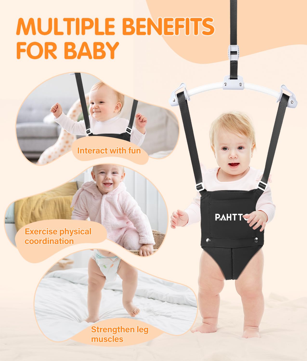 Pahtto Baby Door Jumper With Soft Rug, Durable Toddler Bouncer With Adjustable Height-Funny Baby Walking Harness, Protable Baby