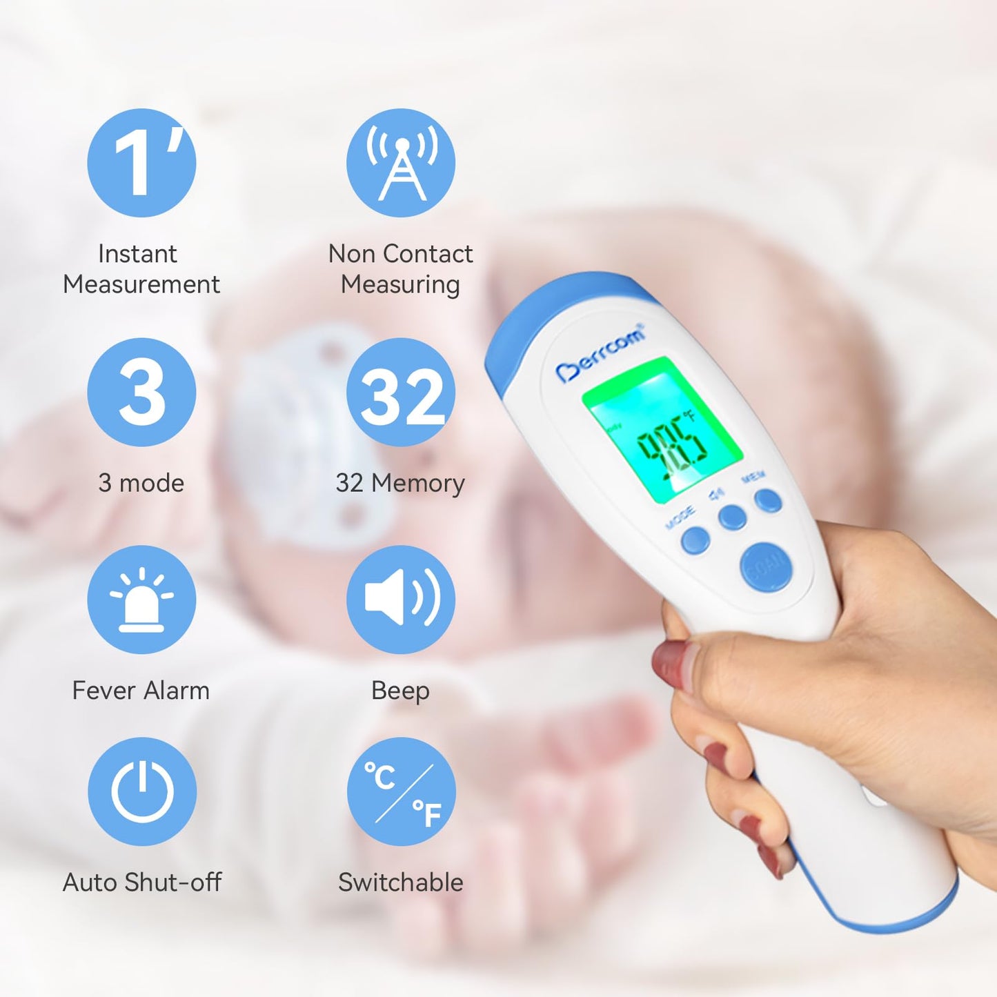 Berrcom Non Contact Infrared Thermometer Digital Forehead Thermometer With Fever Alert And Lcd Display 3 In 1 Contactless Thermo