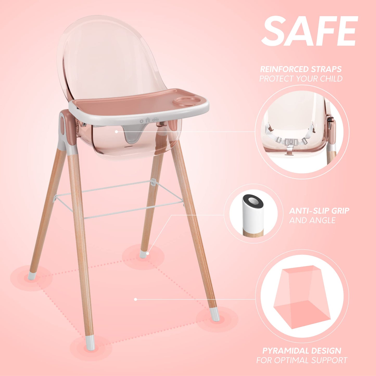 Children Of Design 6 In 1 Deluxe Wooden High Chair For Babies & Toddlers, Modern Safe & Compact Baby Highchair, Easy To Clean, R