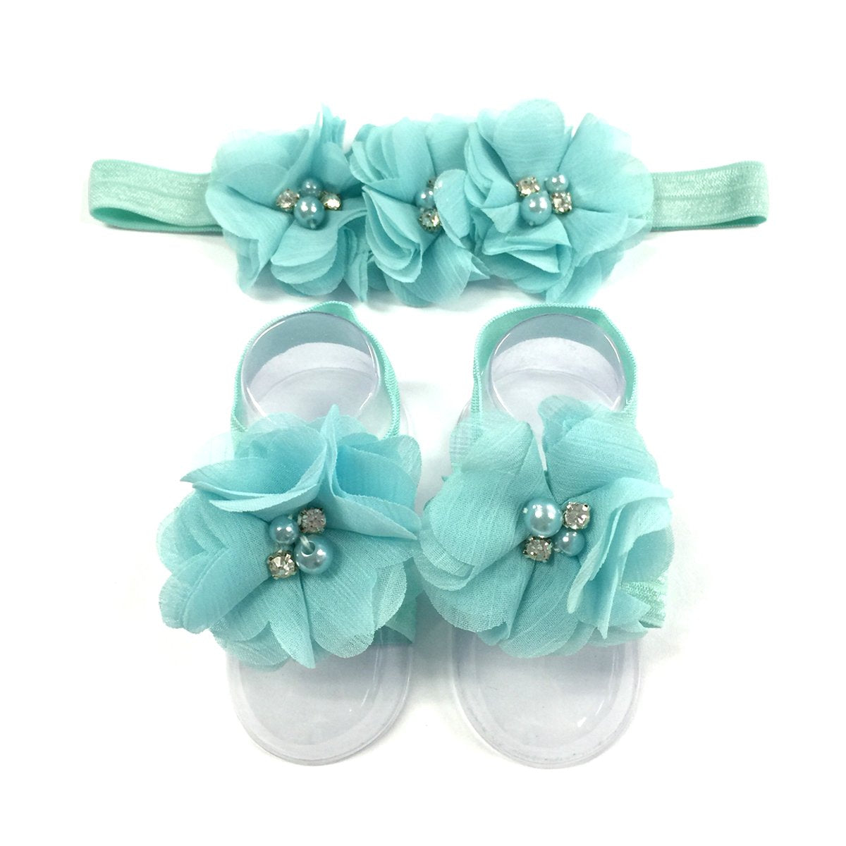 Allydrew Baby Girl Barefoot Flower Sandals & Headbands Set Chiffon Flower Baby Sandals - Princess (Set Of 4),One Size
