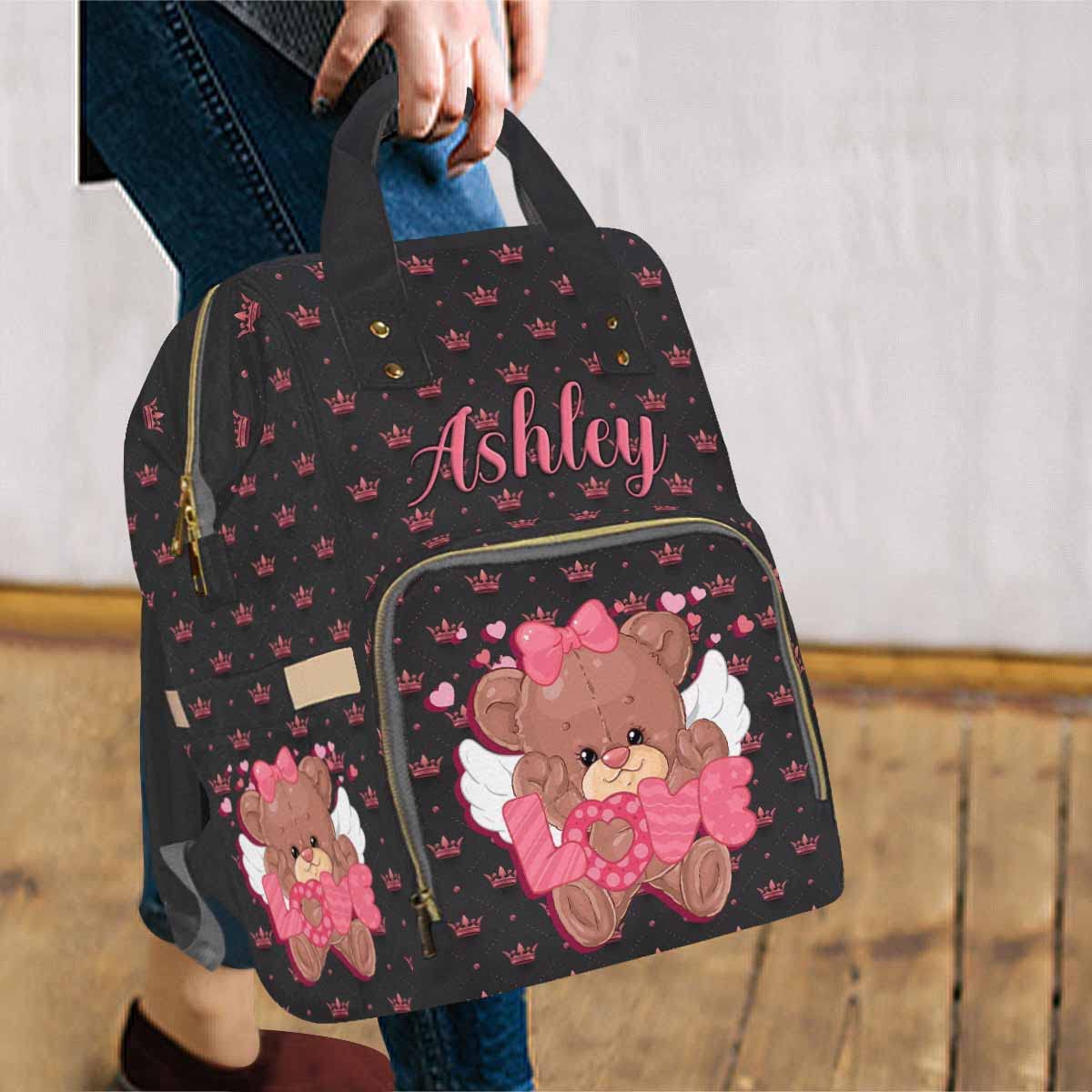 Artsadd Personalized Nappy Bag With Name, Large Capacity Baby Diaper Bags, Custom Pink Crown Daypack Casual Shoulder Bag Diaper