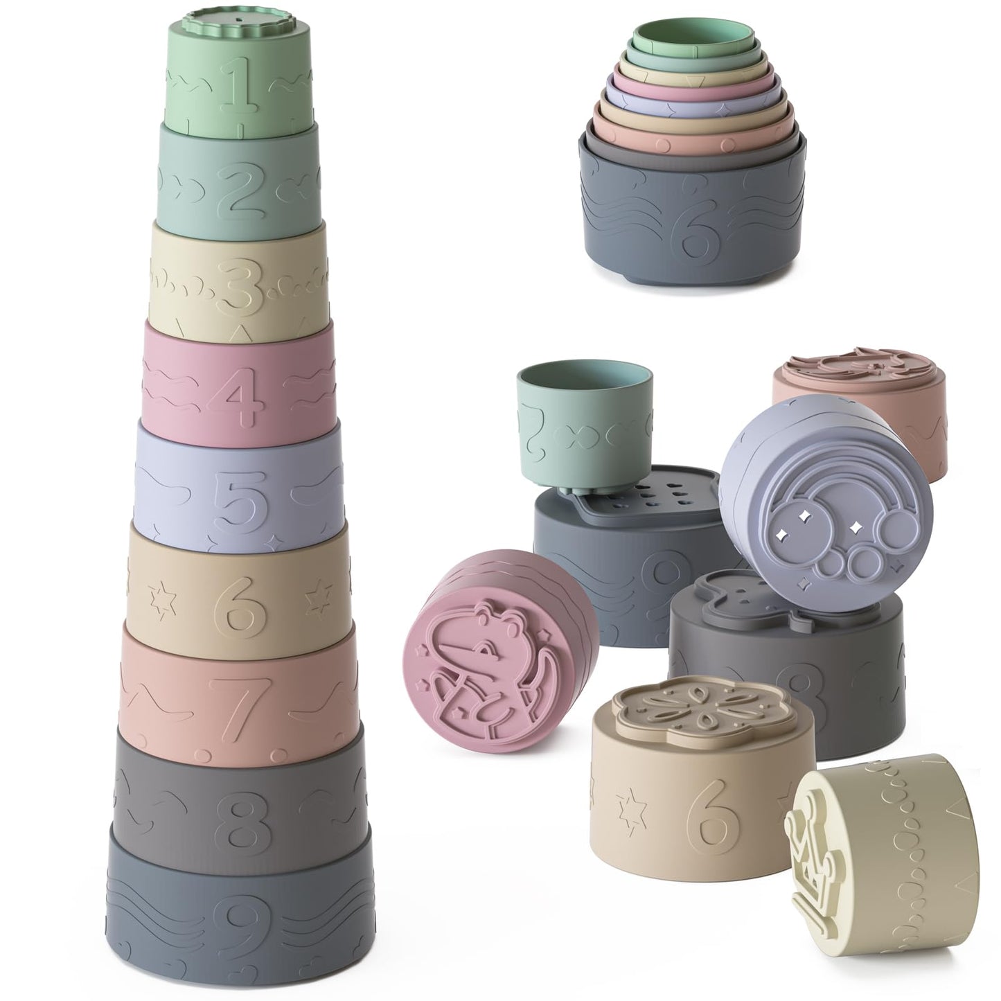 Baby Stacking Cups Toys, Soft Silicone Baby Teething Toys, Baby Boy Girl Shower Gifts for 3 6 9 12 18 Months 1 One Year Old, Inf