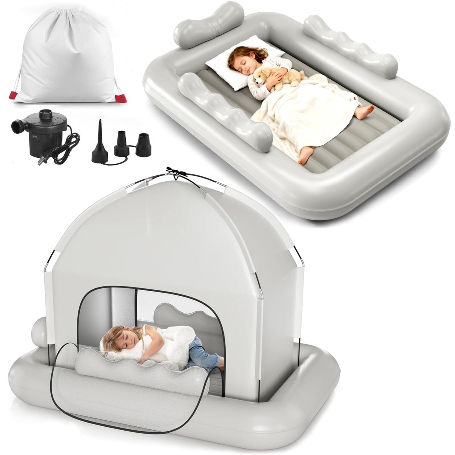 Inflatable Toddler Travel Bed with Tent - Foldable Portable Toddler Bed Cot - Blow Up Kids Air Mattress with Safety Sides, Pump