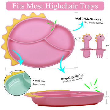 Nicingu Suction Plates For Baby,Silicone Toddler Plates With Spoon Fork Set Divided Dinosaurs Plates Self Feeding Training Baby