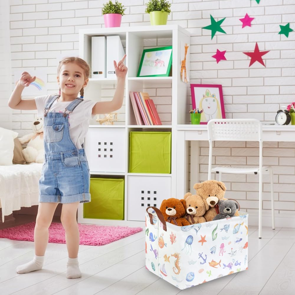 Fxocshe Rectangle Fish Basket,Ocean Animals Waterproof Kids Foldable Laundry Basket,Nursery Hamper,Boys And Girls Hamper,Kids Ro