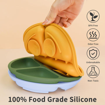 Little Rawr Suction Plates For Babies & Toddlers, 3 Pack Divided Toddler Plates-Food Grade Silicone/Bpa Free, Quadruple Suction