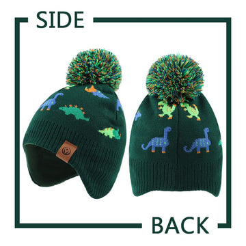 Jangannsa Knitted Baby Hat Scarf Set Winter Warm Boys Girls Beanie Fleece Lining Toddler Kids Hats With Pompom(Dark Green Dinosa
