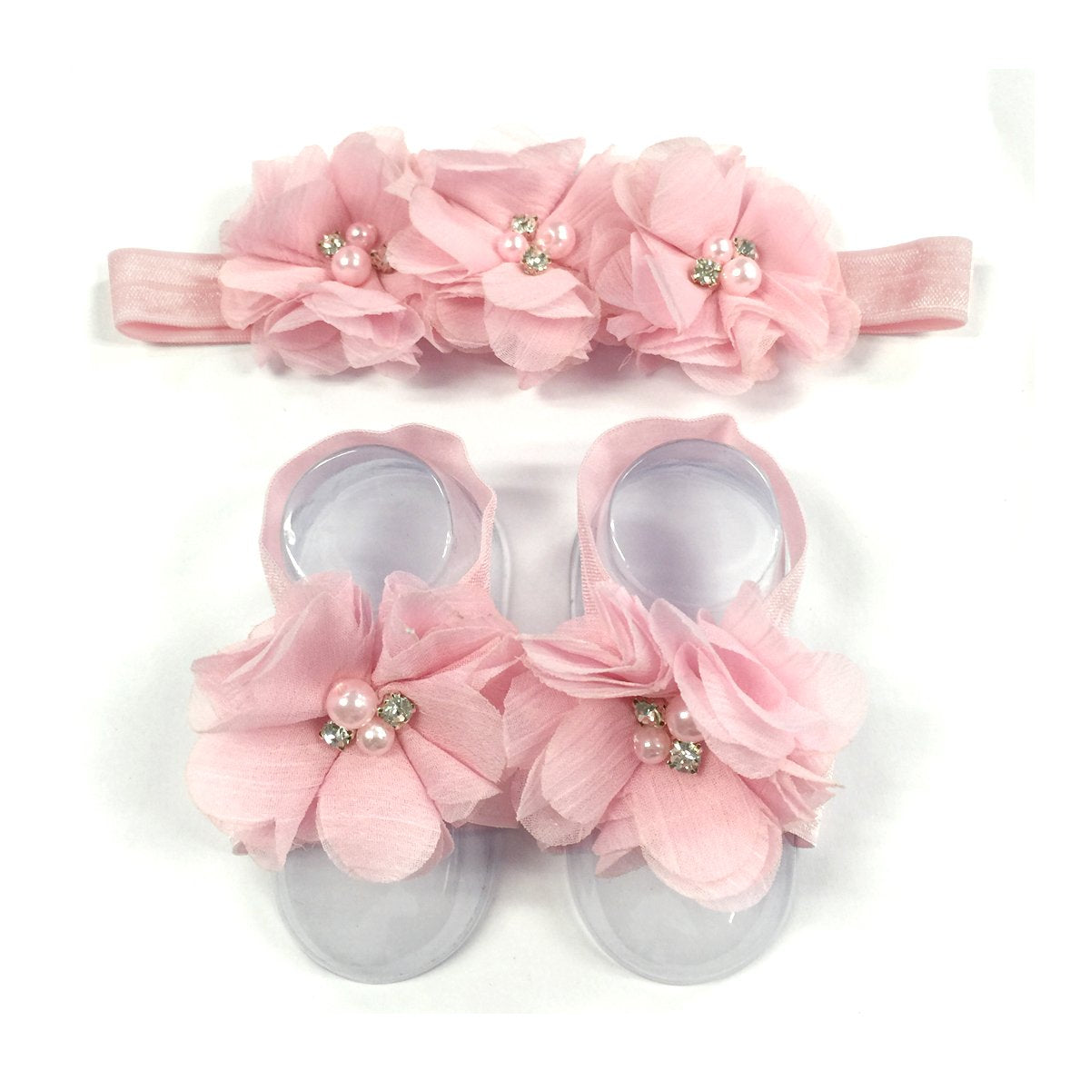 Allydrew Baby Girl Barefoot Flower Sandals & Headbands Set Chiffon Flower Baby Sandals - Princess (Set Of 4),One Size