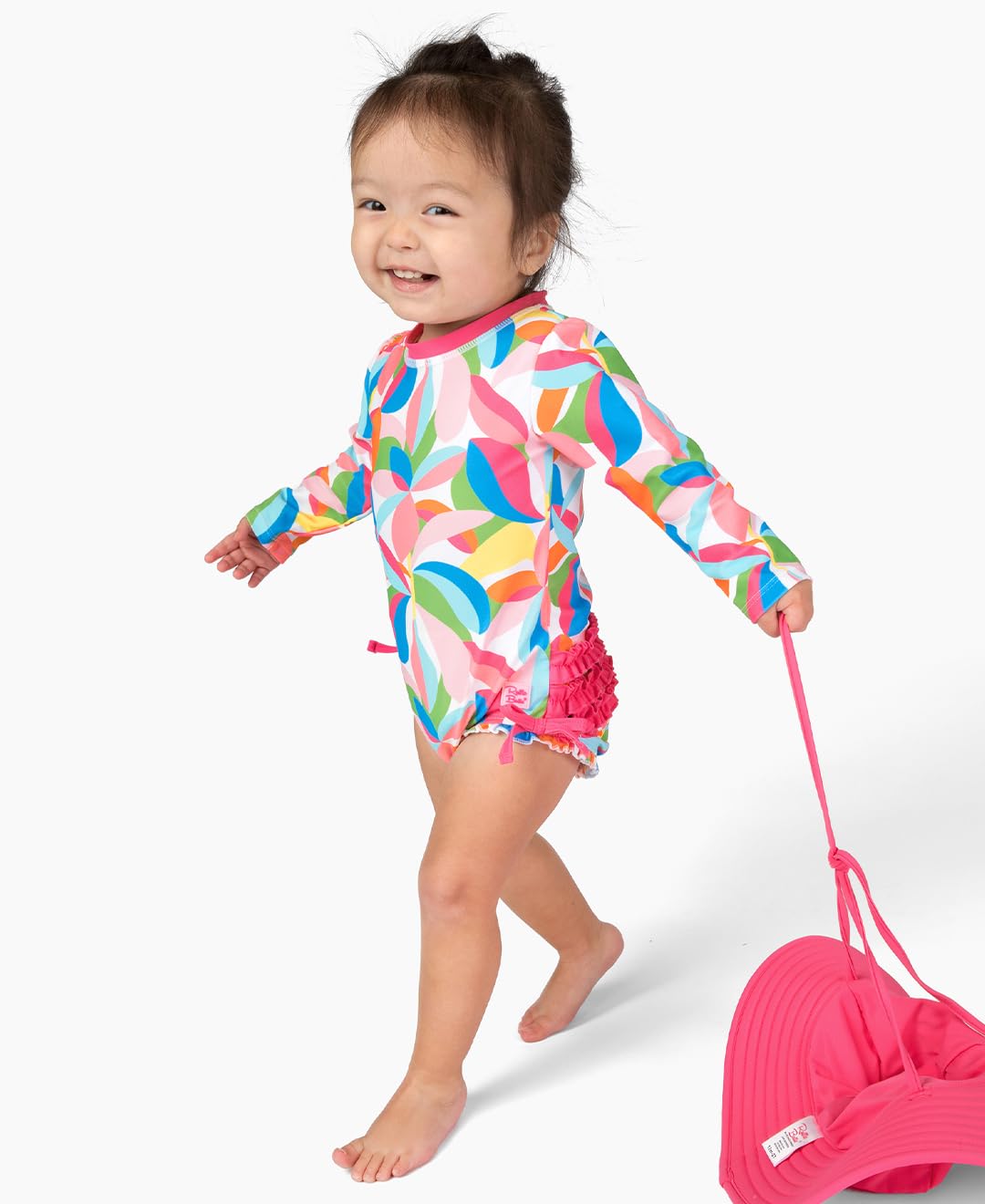 Rufflebutts Baby Girls Upf 50+ Sun Protection Novelty Print Long Sleeve One Piece Rash Guard Swimsuit With Zipper - Tropical Adv