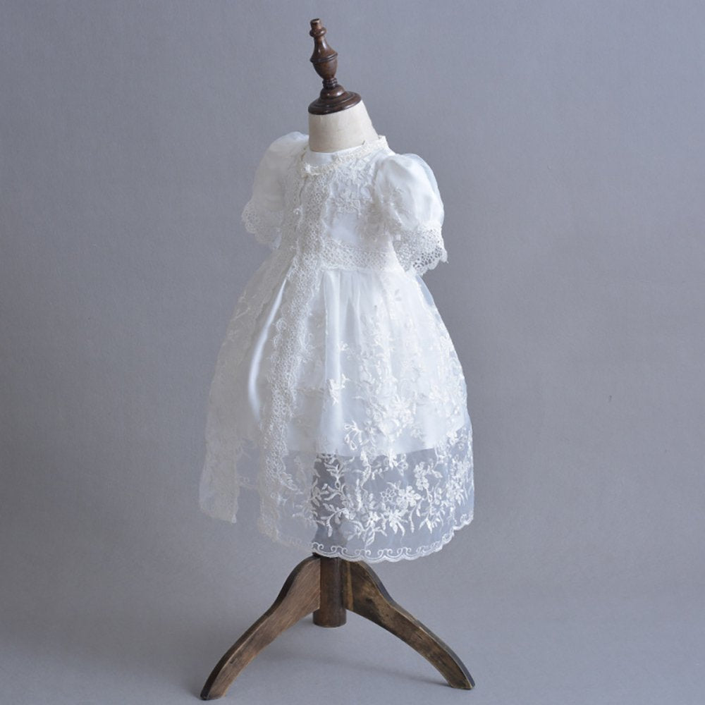 Newborn Baby Girls 3Pcs Organza Lace-Overlay Christening Gown Baptism Dress Formal Dress Outfit With Bonnet Ivory 6M