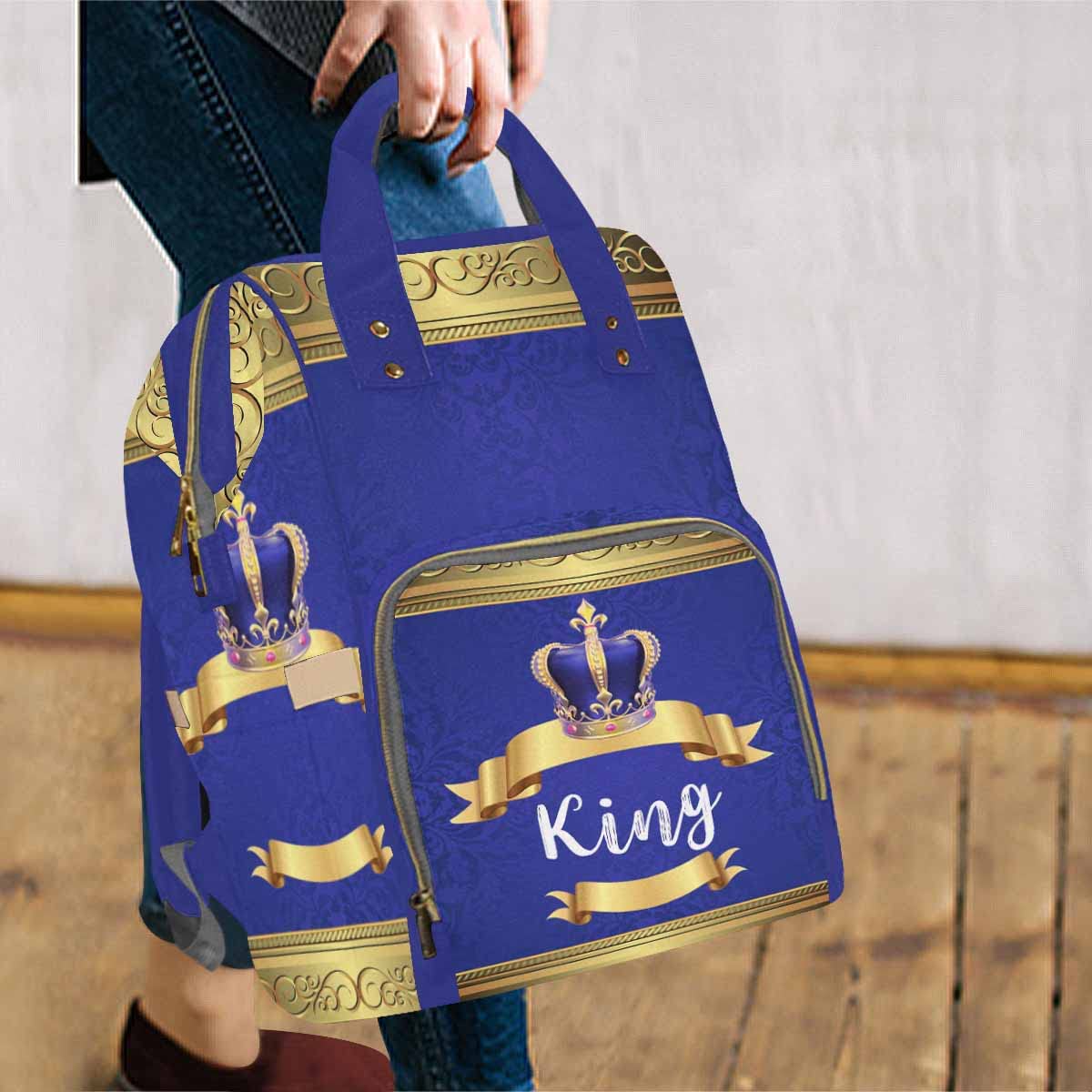 Artsadd Custom Name Diaper Bag For Mom, Personalized Blue Golden Crown Backpack With Stroller Straps Large Travel Shoulder Bag N