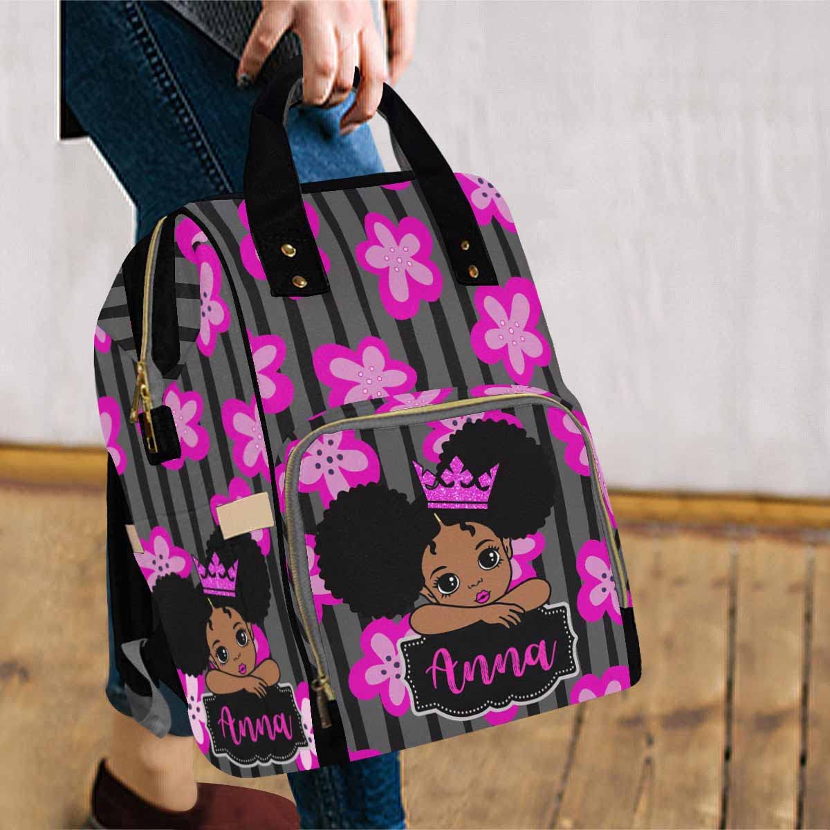 Artsadd Personalized Large Capacity Diaper Bags, Princess Crown Stripes Daypack Baby Backpack Custom Name Backpack Casual Daypac