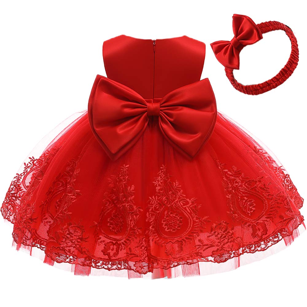 Baby Girls Embroidery Lace Dresses Toddler Ruffles Infant Easter Tutu Dress With Headwear (Red,70)