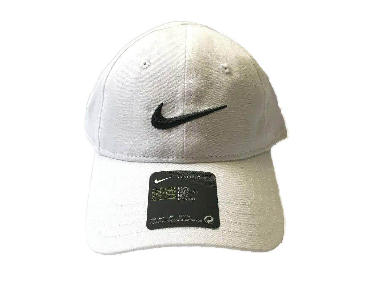 NIKE Toddler Just Do It Sports Hat Adjustable Sun Cap (White w/ Signature Black Swoosh)