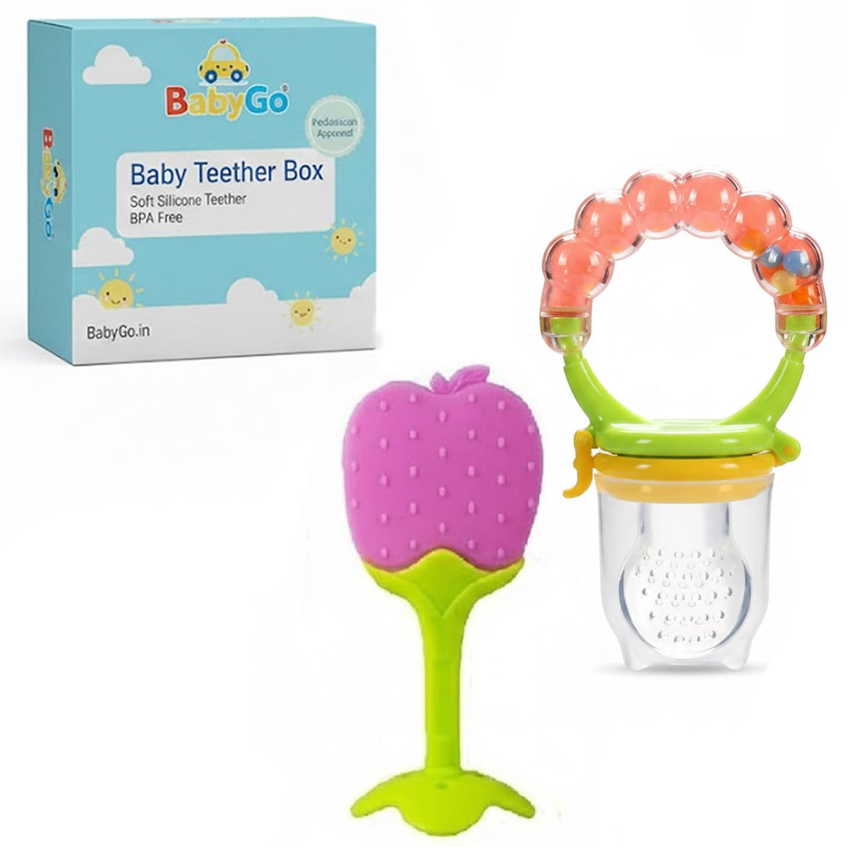 Babygo Organic BabyS BpaFree Silicone Nipple Food Nibbler For Fruits With Rattle Handle(612 Months) Silicone Bpa Free Natural