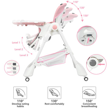 Infans High Chair With One-Hand Removable Tray, 4 Lockable Wheels & Large Storage Basket - Multi-Adjustable Height, Recline & Fo