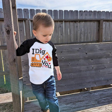 Toddler Boy Loved Heart Shirt Kids Valentine Day Outfits Excavator I Dig Heart Graphic Long Sleeve Tee Tops 3T