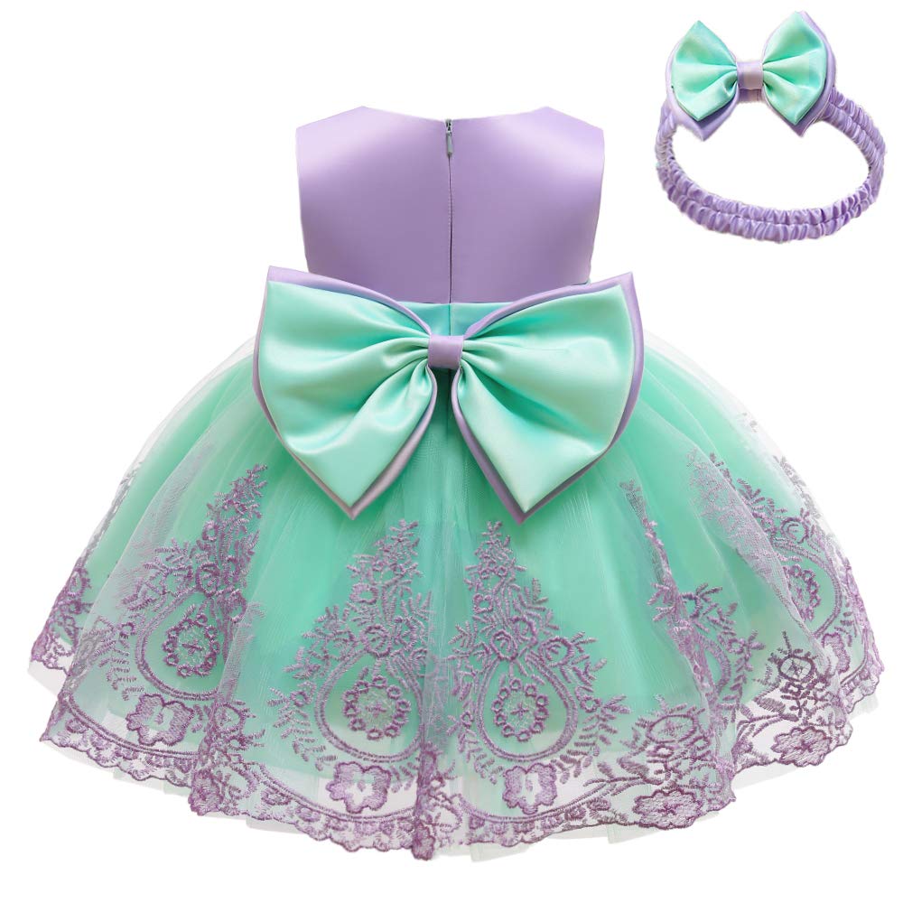 Baby Girls Embroidery Dresses Toddler Lace Ruffles New Year Easter Tutu Dress With Headwear (Purple+Green,80)
