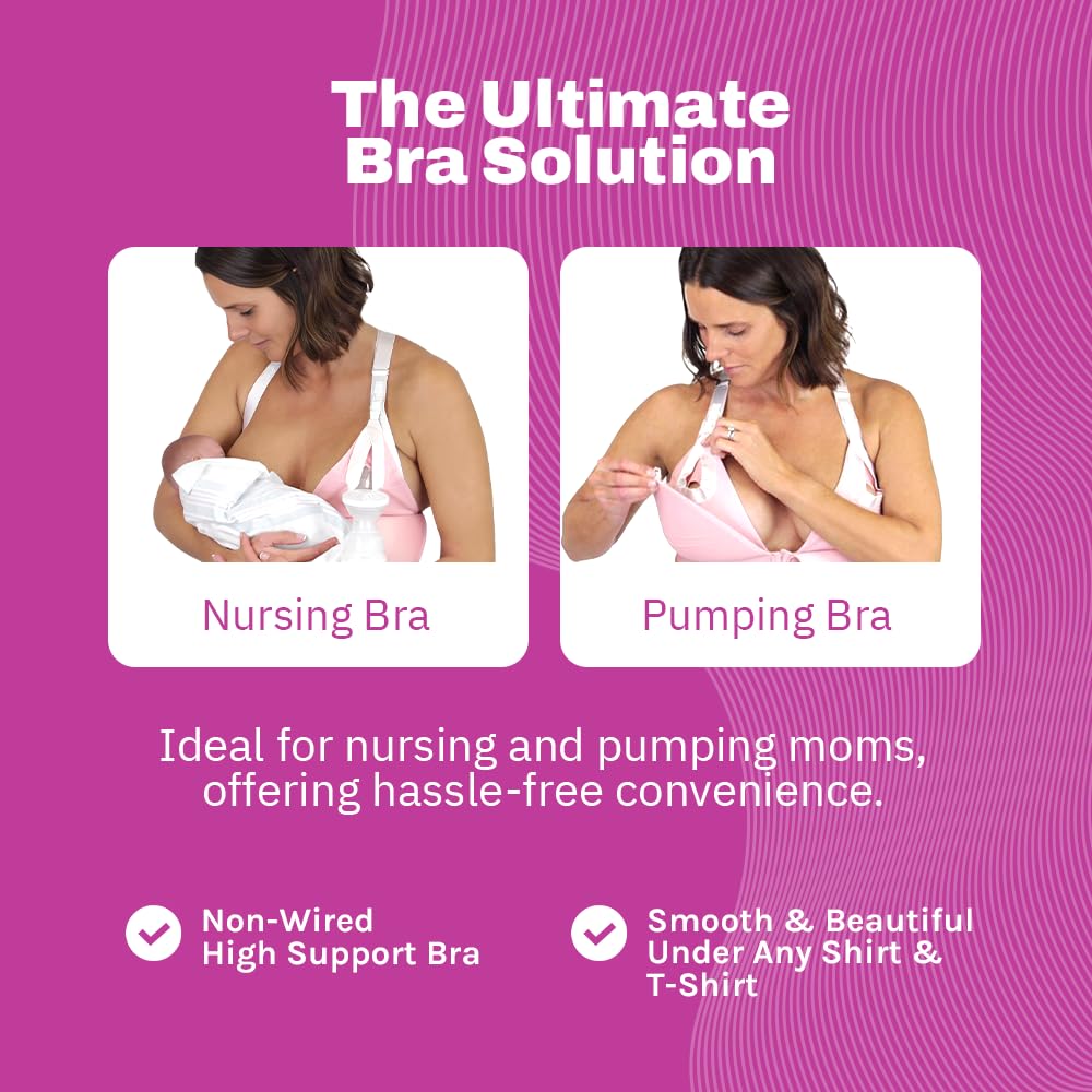 Nurturally Nursing And Pumping Bra, Adjustable Breast Pump Bra, Non-Wired Pumping Bra Hands Free, High Support Nursing Bras For