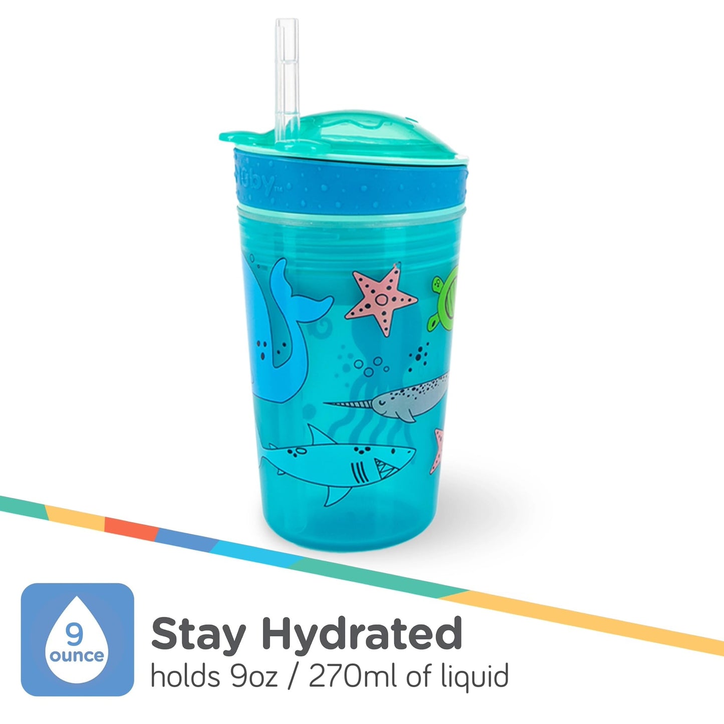 Nuby All In One Snack Bowl And No Spill Soft Straw Cup - 2 Pack Aqua Ocean Animals & Green Puppy Dogs - Snack N' Sip, Holds: 4.5