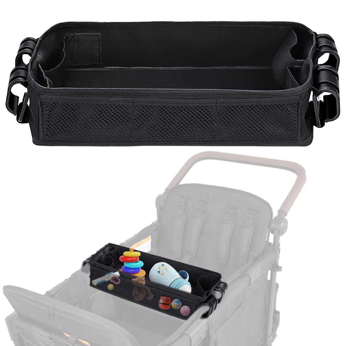 Stroller Snack Tray Compatible with Wonderfold Wagon - Upgraded with Extra Thick Base, Waterproof Faux Leather Sides & Side Mesh