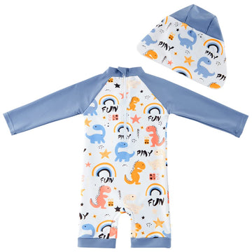 Infant Boy Upf 50+ Sun Protection One Piece Rashguard Swimsuit With Hat , Grey Dinosaur,0-3 Months