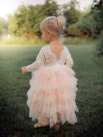 2Bunnies Girl Peony Lace Back A-Line Tiered Tutu Tulle Flower Girl Dress (Pink Long Sleeve Maxi, 6)