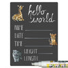 Cohas Hello World Newborn Baby Announcement Chalkboard Sign With Safari Animal Theme, 5 By 7 Inches, White Marker