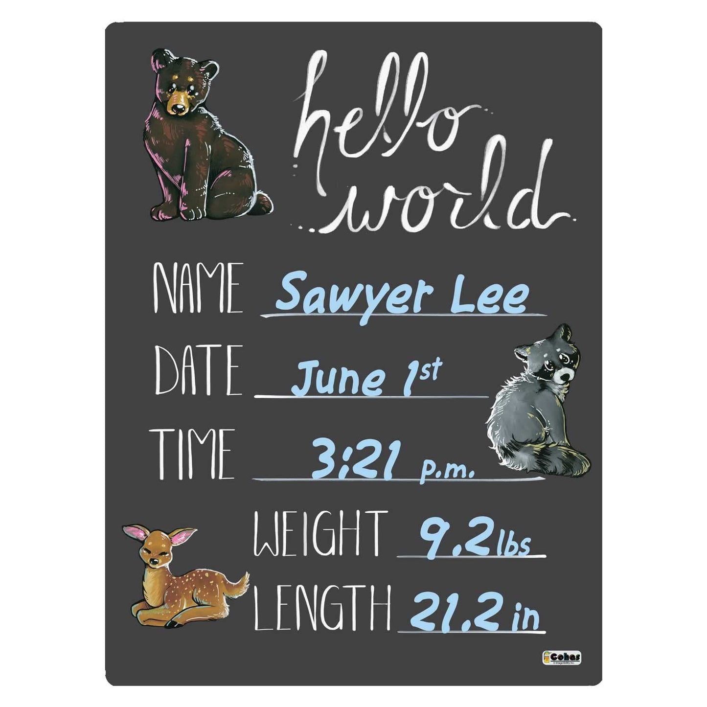 Cohas Hello World Newborn Baby Announcement Chalkboard Sign With Mountain Animal Theme, 12 By 16 Inches, No Marker