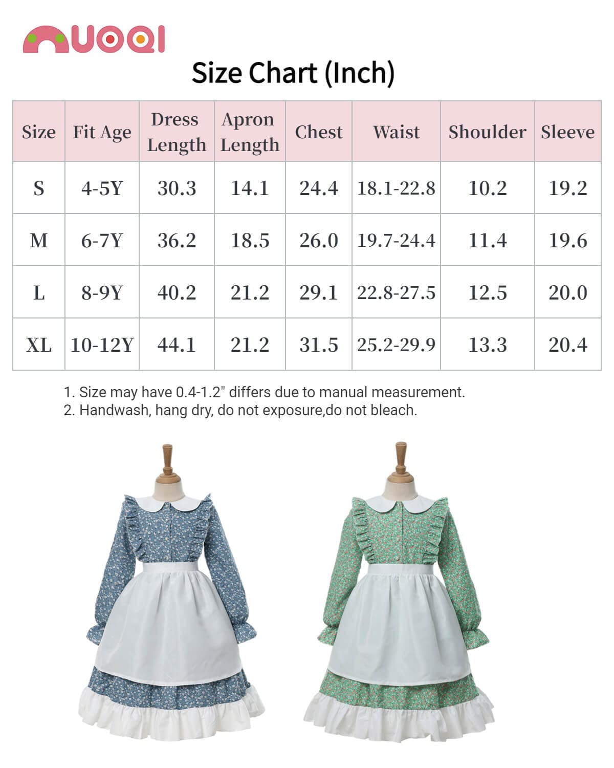 Nuoqi Prairie Dress Girls Pioneer Colonial Laura Ingalls Wilder Costume With Apron S, Green